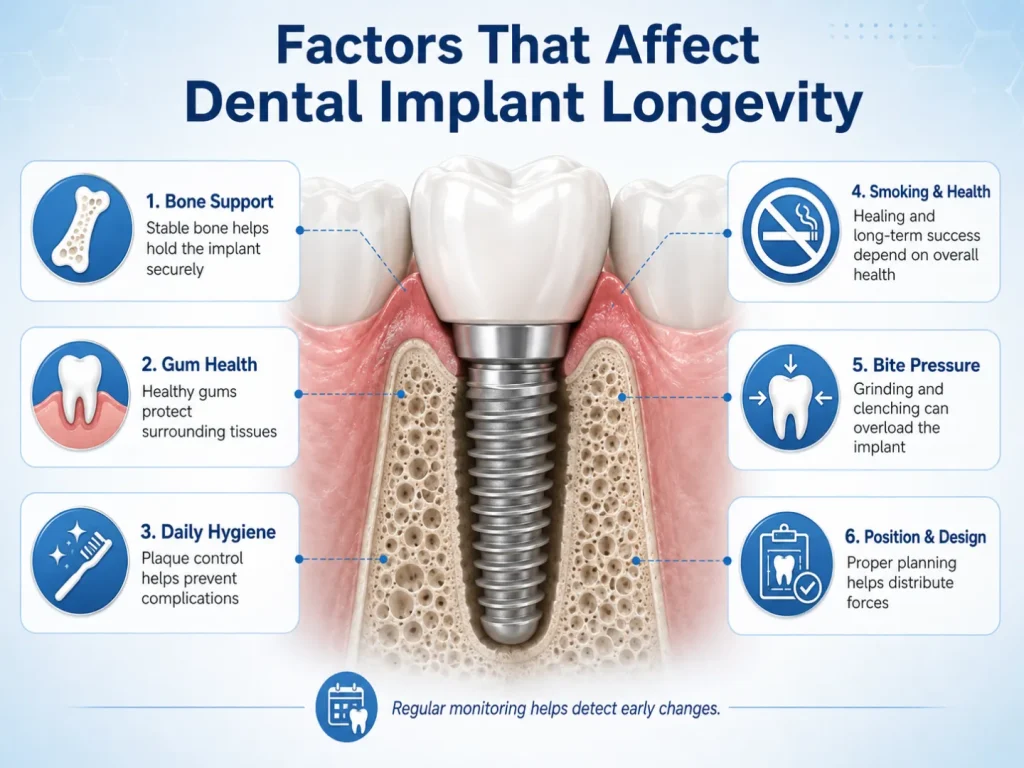 Illustration showing the main factors that affect dental implant longevity, including bone support, gum health, oral hygiene, smoking, bite pressure, and implant position.