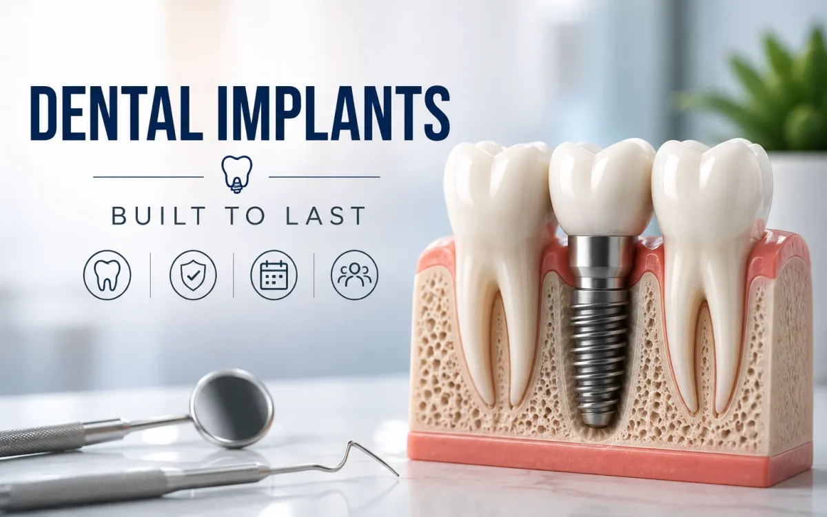 Dental implant model illustrating long-term implant durability and longevity with proper care and maintenance.
