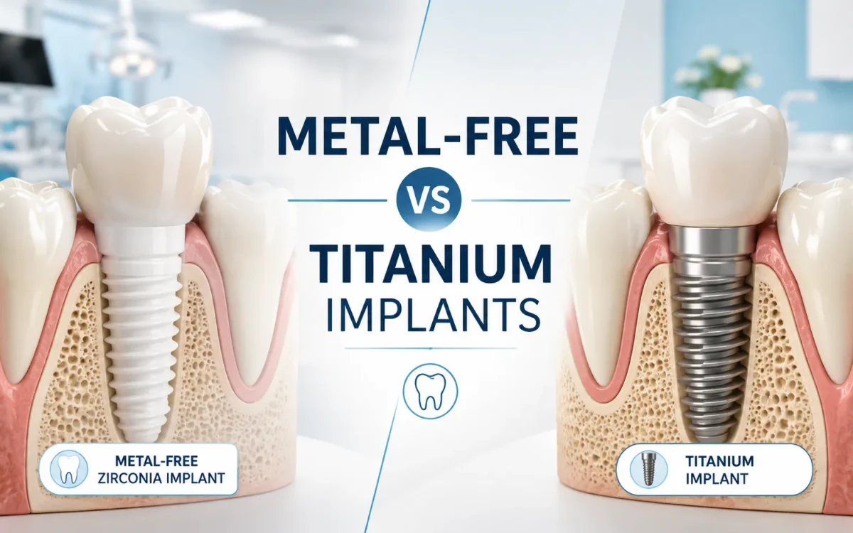 Metal-free zirconia dental implant compared with a titanium dental implant in the jaw.