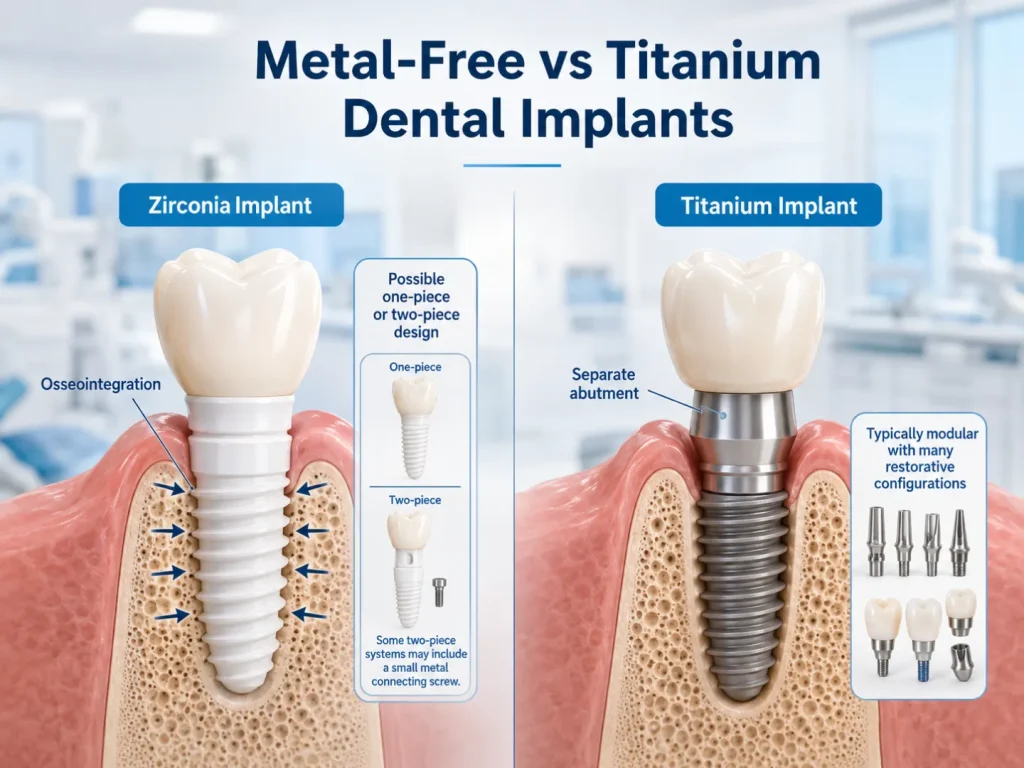 Metal-free zirconia dental implant and titanium dental implant showing osseointegration, abutment design, and implant components.