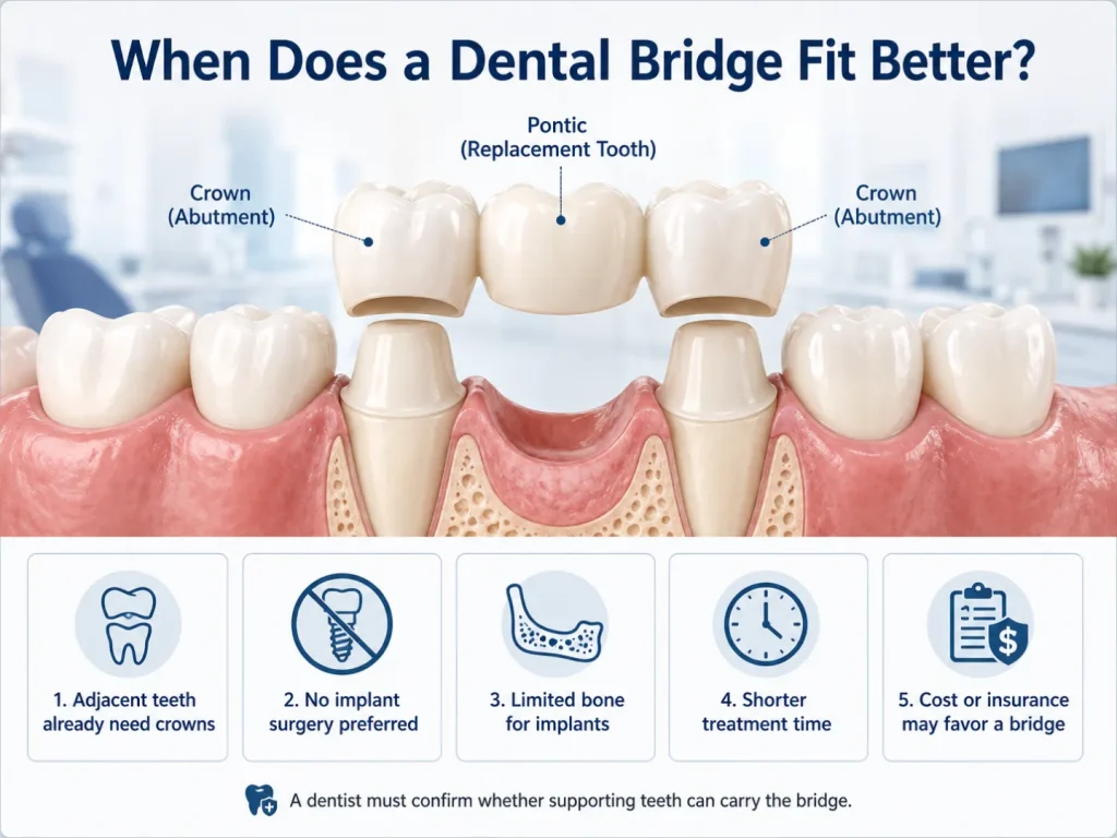 Dental bridge illustration showing crowns on adjacent teeth, a replacement tooth, and common situations where a bridge may be preferred.