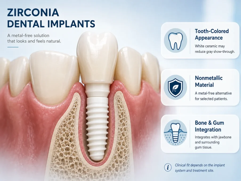 Zirconia dental implant illustration showing tooth-colored appearance, nonmetallic ceramic material, and integration with bone and gum tissue.